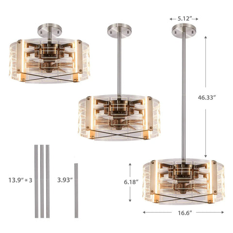 Dimensions and design of Ceiling Fan With Lights And Remote, 4-Light LED Chandelier Fandelier, Brushed Nickel finish