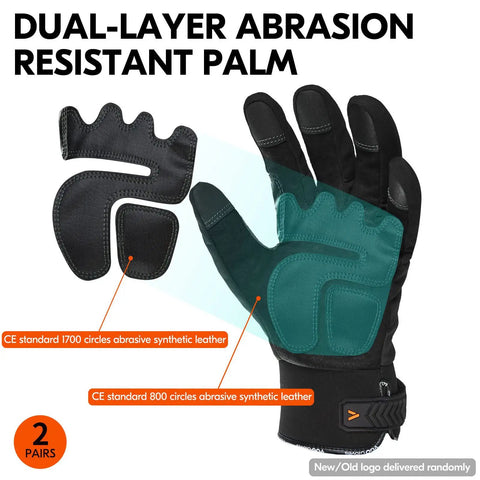 2 Pairs Winter Work Gloves With Thinsulate C100 Lined showing dual-layer abrasion-resistant synthetic leather palm