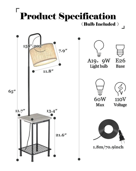 Rustic Cozy Solid Wood End Table Floor Lamp With Built In USB Type C Port And Electrical Outlet, product dimensions and features