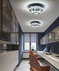 Crystal Chandeliers For Dining Room And Hallway Lighting, Chrome LED Ceiling Light, Semi Flush Mount, Clear Crystal Drops, 9.8 Inch Wide, 6000K Daylight White, Dope Modern Glam Illumination For Indoor Living Spaces in an office setting