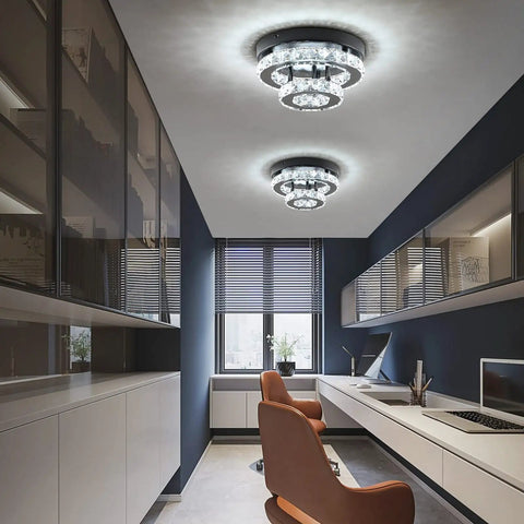 Crystal Chandeliers For Dining Room And Hallway Lighting, Chrome LED Ceiling Light, Semi Flush Mount, Clear Crystal Drops, 9.8 Inch Wide, 6000K Daylight White, Dope Modern Glam Illumination For Indoor Living Spaces in an office setting