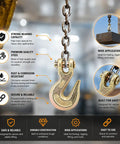 Rock Solid 4 Pack Chain Hooks With Half Inch G70 Clevis Grab Design, forged steel hook shown with chain, durable and rust resistant.