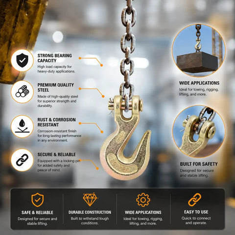 Rock Solid 4 Pack Chain Hooks With Half Inch G70 Clevis Grab Design, forged steel hook shown with chain, durable and rust resistant.