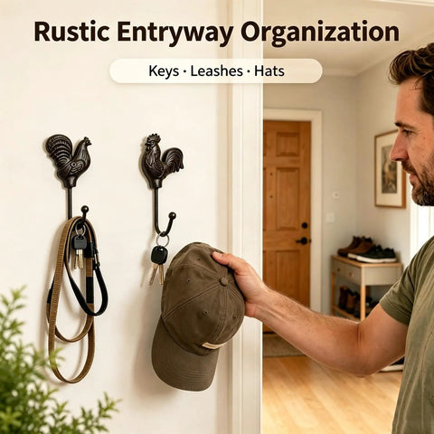 Vintage Cast Iron Rooster And Hen Wall Hooks Bring A Sick Farmhouse Vibe To Your Mudroom Kitchen Or Entryway With These Gutsy Decorative Hooks Adding Real Country Charm While Keeping Hats Bags Towels And Keys In Place Total Must Have Item, showcasing mounted hooks with leashes and keys.
