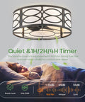 akiuzna Boho Caged Ceiling Fan with Light and Remote, Low Profile Fandelier in a bedroom, showing remote and timer features.