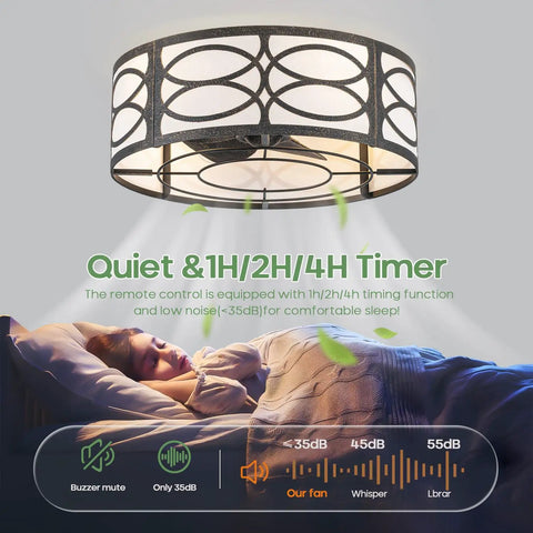 akiuzna Boho Caged Ceiling Fan with Light and Remote, Low Profile Fandelier in a bedroom, showing remote and timer features.