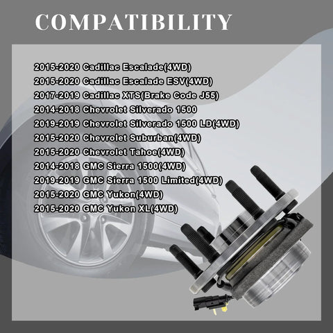 Front Wheel Bearing Hub Assembly Fits 4x4 4WD Chevy Silverado 1500 Suburban Tahoe GMC Sierra 1500 Yukon XL Cadillac Escalade ESV XTS 6 Lug With ABS Replaces 515160 shown with compatibility list