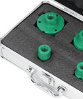 Heavy Duty 5 Pc Hole Saw Set With M14 Connector For Drilling Glass Tile And Marble Thickened Coating Makes Quick Work Of Tough Home Reno DIY Projects Like A Champ, green bits in case