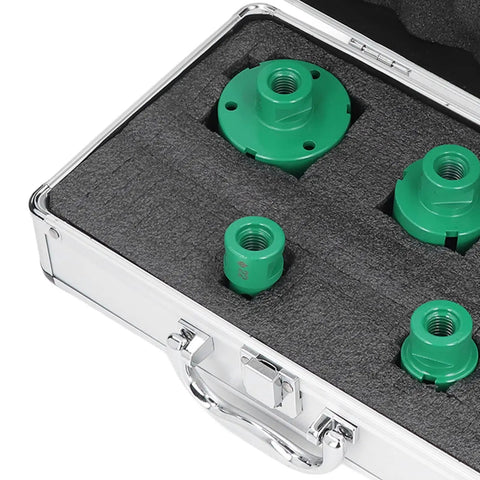 Heavy Duty 5 Pc Hole Saw Set With M14 Connector For Drilling Glass Tile And Marble Thickened Coating Makes Quick Work Of Tough Home Reno DIY Projects Like A Champ, green bits in case