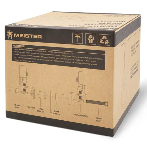 Rolling Beam Mount With Brakes For Heavy Bags Black 7.5 To 9.25 Inches packaging box with diagram and features list