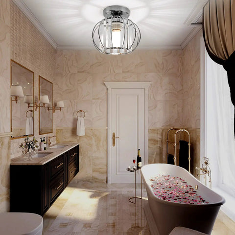Bathroom with Modern Semi Flush Mount Ceiling Light Fixture With Crystal Chandelier Effect Chrome Small Ceiling Lamp.