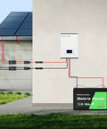 Y Branch Solar Panel Splitter Cable 10 Feet 12 AWG PV Extension Wire With Waterproof Female And Male Connectors For RVs And Photovoltaic Systems Outdoor Ready connected to a solar panel, battery, and inverter on a wall, showing setup configuration.