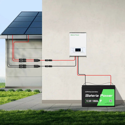 Y Branch Solar Panel Splitter Cable 10 Feet 12 AWG PV Extension Wire With Waterproof Female And Male Connectors For RVs And Photovoltaic Systems Outdoor Ready connected to a solar panel, battery, and inverter on a wall, showing setup configuration.