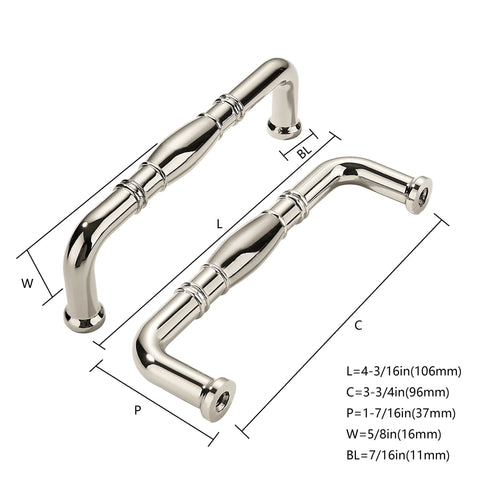 Diagram showing 10 Pack Polished Nickel Cabinet Pulls, 3-3/4 Inch 96mm Length with dimensions for easy install on cabinets and furniture.
