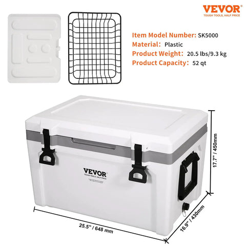 Ultra Light Hard Cooler 52 Qt With Heavy Duty Handle Keeps Ice For Up To Six Days Ideal Ice Chest For Camping Road Trips And Outdoor Adventures 30 Percent Lighter Than Rotomolded Coolers, shown with dimensions and removable basket.