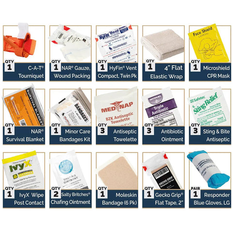 Contents of Mini T PAK Trail First Aid Kit For Backpacking And Camping With CAT Tourniquet Bleeding Control Dressing Gauze Chafing Ointment