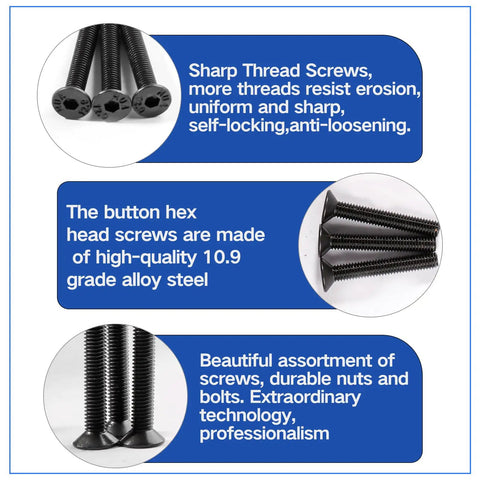 Massive 500 Piece M3 Countersunk Head Socket Cap Screws Set 4 6 8 10 12 14 16 20mm Fully Threaded Ten Nine Grade Black Alloy Steel Metric Machine Screws Bolts Nuts Washers Kit showing sharp threads and high-quality alloy steel
