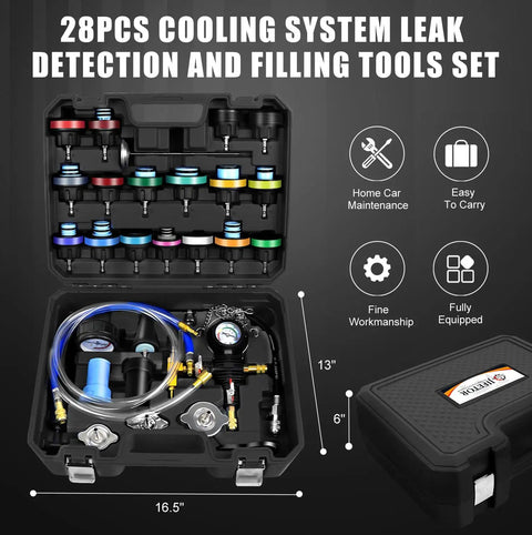 Shop Grade 28 Piece Radiator Pressure Leak Tester And Coolant Refill Tool With Universal Vacuum Adapters in carrying case.