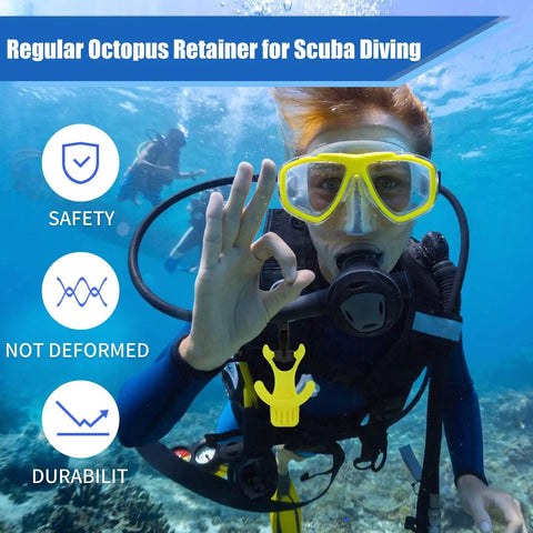 Diver using Scuba Octo Plug Regulator Holder With Yellow Plastic Clip 2 Pack Mouthpiece Keeper For Diving Secures Octo to BCD