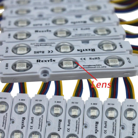 Close-up of 200 Pack 12V RGB 5050 LED Module Lights With Three LED Emitters, waterproof design and wiring details visible.