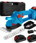 Top Tier Cordless Hedge Trimmer With Badass Dual Blade Setup And 21V Fast Charging Batteries for precise trimming, blue color, dual batteries included.