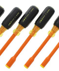 Insulated Nut Driver Set Seven Piece Workhorse With Four Inch Shafts And Orange Cushioned Grips For Electricians Includes 1/4 By 5 In, 3/16 By 5 In, 5/16