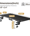 Heavy Duty Desk Extender Tray With Secure Laptop Holder And Generous Extra Surface Solid Keyboard Shelf That Seriously Levels Up Your Home Office Flex In Sleek Black dimensions image showing size and clamp setup.