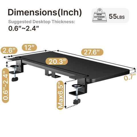 Heavy Duty Desk Extender Tray With Secure Laptop Holder And Generous Extra Surface Solid Keyboard Shelf That Seriously Levels Up Your Home Office Flex In Sleek Black dimensions image showing size and clamp setup.