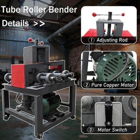 Yokoma Electric Tube Pipe Bender Machine With 15 Round And 9 Square Dies 2.2KW 3HP Motor showing adjusting rod and copper motor.