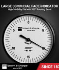 Large 38mm dial face indicator, 0.0005" graduation, 360° rotating bezel for fine measurements