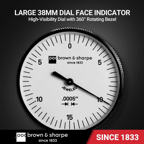 Large 38mm dial face indicator, 0.0005" graduation, 360° rotating bezel for fine measurements
