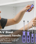 Woman using purple ergonomic screwdriver from Purple Tool Set For Women 223-Piece Home Repair And DIY Kit with drop-forged steel tools.