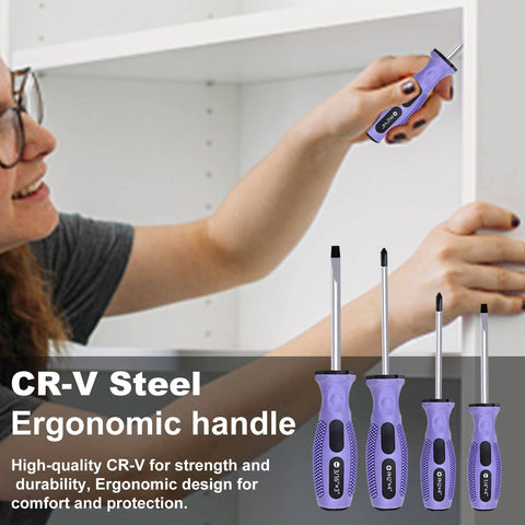 Woman using purple ergonomic screwdriver from Purple Tool Set For Women 223-Piece Home Repair And DIY Kit with drop-forged steel tools.