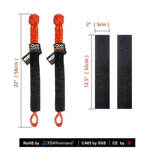 2 Pack Synthetic Soft Shackle Half Inch By 22 Inch With 55000 Lb Breaking Strength Orange Rope Shackle Set For Off Road Recovery Including 4 Sleeves For SUV ATV Truck Jeep, showing dimensions and sleeves.