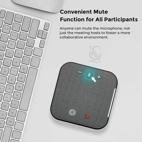 Top view of Portable Conference Speaker And Microphone with 360 Degree Voice Pickup USB C And Bluetooth Speakerphone next to keyboard