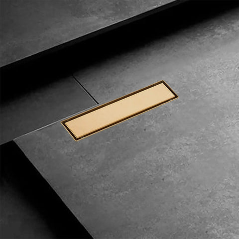 24 Inch Linear Shower Drain With Removable Square Hole Panel In Brushed 304 Stainless Steel installed in a modern bathroom floor