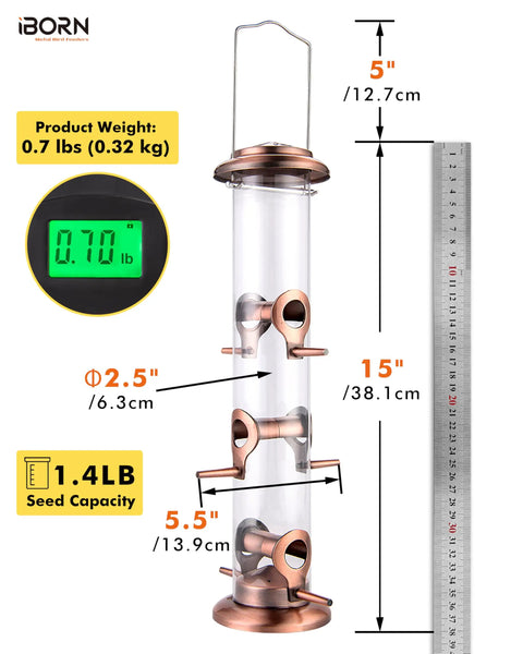 All Metal Brushed Copper Bird Feeder With Six Feeding Ports For Outdoor Hanging 15 Inch Backyard Wild Bird Feeder To Attract A Crowd Of Chirping Friends Seed Not Included