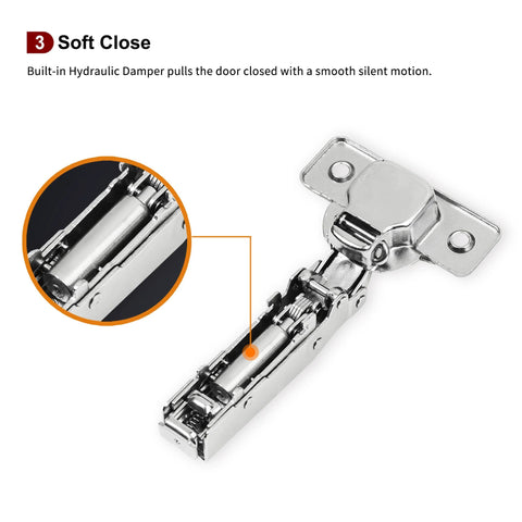Full Overlay Face Frame Soft Close Concealed Cabinet Hinges Clip On 105 Degree 3 Way Adjustable showcasing soft close mechanism