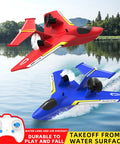 Red and blue Remote Control Airplane Toy With Lights For Water And Land Gravity Gliders RC Plane flying over a lake