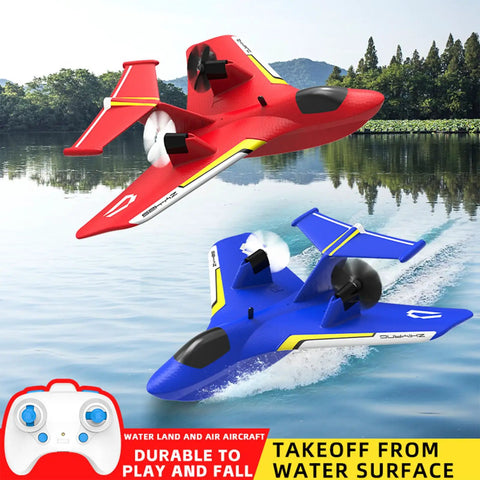 Red and blue Remote Control Airplane Toy With Lights For Water And Land Gravity Gliders RC Plane flying over a lake