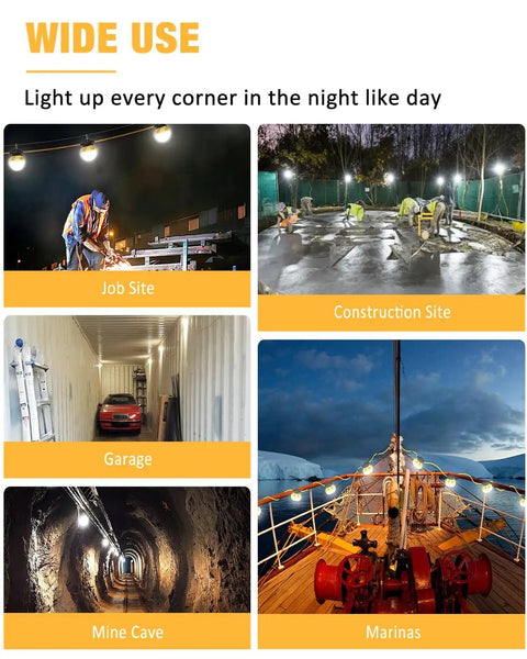 Wide applications of Beastly Bright 100Ft LED Construction String Lights 130W 16000 Lumens for various outdoor sites