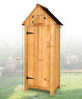 Outdoor Wooden Storage Shed With Safety Latch Teak Finish Durable Garden Tool Cabinet All Weather Patio Organizer For Big Yard Tools