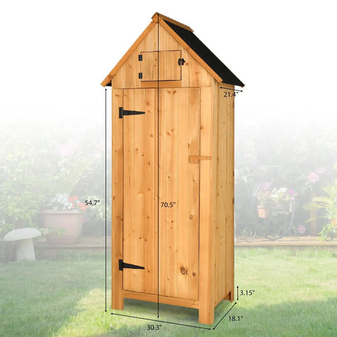 Outdoor Wooden Storage Shed With Safety Latch Teak Finish Durable Garden Tool Cabinet All Weather Patio Organizer For Big Yard Tools