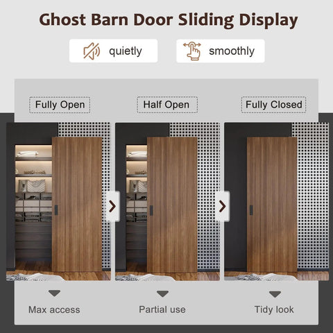 Premium 36X86 Inch Concealed Sliding Barn Door With Sleek Soft Close Hardware And Invisible Track Kit showing fully open, half open, and fully closed views.