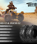 Rider on ATV showcasing Set Of 4 All Terrain ATV UTV Tires 25x8-12 Front And 25x10-12 Rear Tubeless 6 Ply in desert landscape