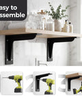 Heavy Duty L Shelf Brackets Set, Matte Black Stainless Steel Floating Shelf Brackets With 90 Degree Weld Free Construction, 4.2mm thick brackets supporting wooden shelf, drills in sequence for assembly.
