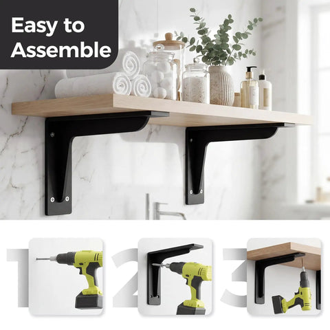 Heavy Duty L Shelf Brackets Set, Matte Black Stainless Steel Floating Shelf Brackets With 90 Degree Weld Free Construction, 4.2mm thick brackets supporting wooden shelf, drills in sequence for assembly.