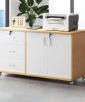 Smooth As Butter Heavy Duty 4 Pack Swivel Castor Wheels 5 Inch Polyurethane Caster Set used on a modern office cabinet with printer.