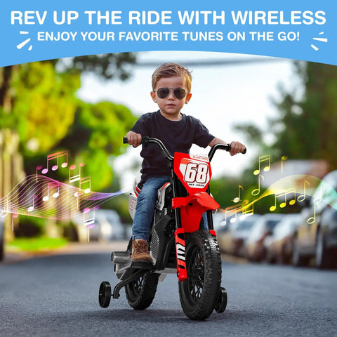 Child riding 12V Kids Ride On Motorcycle with Dual 25W Motors, training wheels, Bluetooth music in park setting