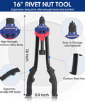 Rivet Nut Tool Kit With Carrying Case, 16 Inch Quick Change Mandrel Rivet Nut Setter with ergonomic alloy body and TPR grips.
